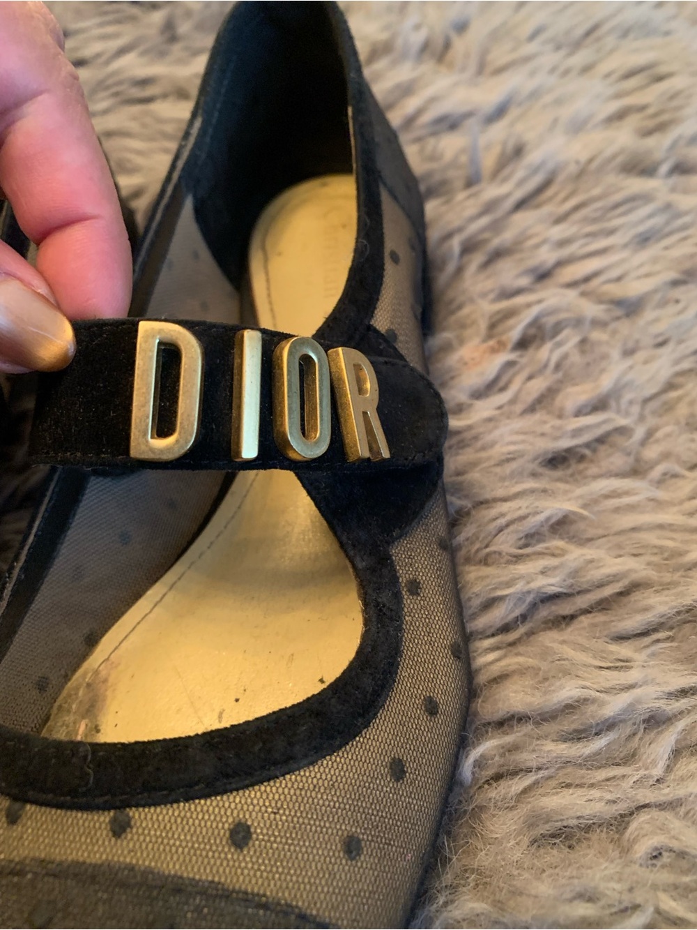 Dior Black Mesh Mary Jane Flats with Gold Lettering - Picture 2 of 7
